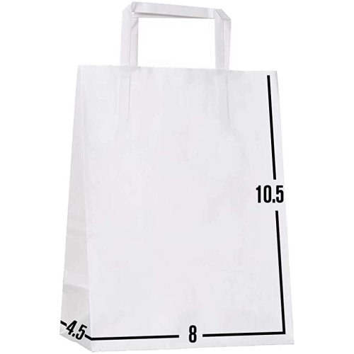 [100 Pcs. 8 X 4.5 X 10.5]- Kraft Paper Gift Bags Bulk with Flat Handles. Ideal for Shopping, Packaging, Retail, Party, Craft, Gifts, Wedding, Recycled, Business, Goody and Merchandise Bag (White)