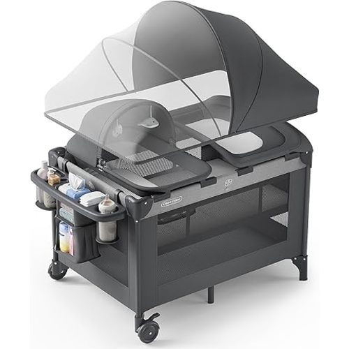 4-in-1 Baby Bassinet with Playard, Sleeper Nest, Changing Table, Mosquito Net & Canopy, Storage and Toys for Newborn to Toddler