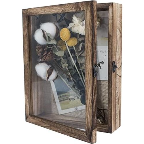 GraduationMall 8x10 Shadow Box Frame Solid Wood Glass Door Display Case with Linen Back and 6 Stick Pins,1.5 inches Interior Depth,Ideal for Memorabilia Pictures Flowers Medals Tickets