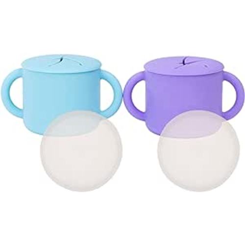 WeeSprout Snack Containers, Food Grade Silicone Snack Cups, Spill-Proof Tops For Toddlers and Babies, Premium Hard Plastic Travel Lids, Dishwasher Safe Toddler and Baby Cups, Set of 2 Snack Catchers - Bright Blue, Bright Purple