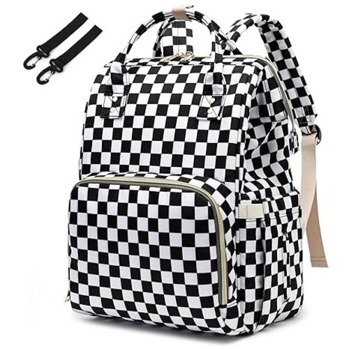 Checkered Diaper Bag Backpack for Baby Girls, Mom Waterproof Large Nappy Bags for Women
