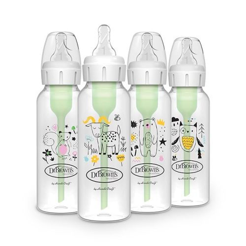 Dr. Brown's Natural Flow Anti-Colic Options+ Narrow Baby Bottle, 8 oz/250 mL, with Level 1 Slow Flow Nipple, BPA Free, 0m+, Squirrel, Goat, Bear, Owl, 4-Pack