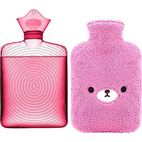 samply Hot Water Bottle with Cute Fleece Cover, 2Liter Water Bag for Hot and Cold Compress, Hand Feet Warmer, Neck and Shoulder Pain Relief, Purple Bear