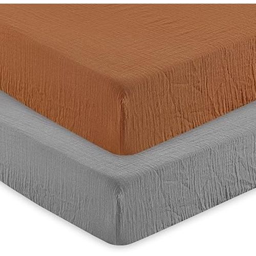 david's kids Muslin Crib Sheets for Boys Girls, 2 Pack 100% Cotton Soft Breathable Fitted Baby Sheet Set, 28x52 Inch Fits Standard Crib and Toddler Mattresses, Brown & Grey
