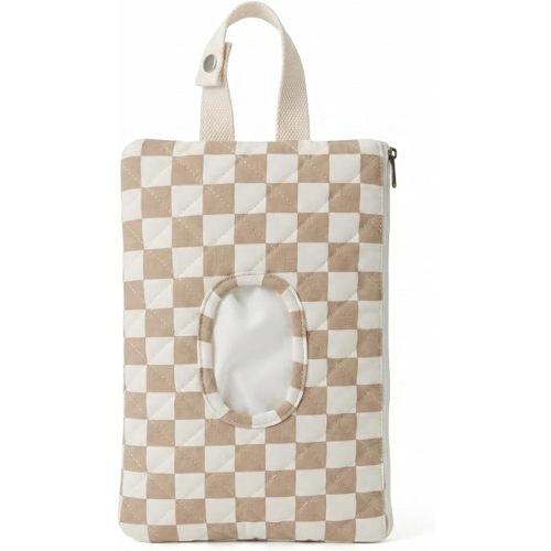Quilted Brown Plaid Baby Wipe Holder Fabric Wipes Organized Bag with Handle Portable Wet Wipes Pouch for Baby Travel Home Car Stroller