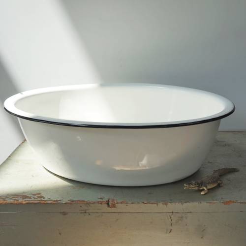 Enamel Tub 18" / Beautiful Old Patina / Oval White with Black / Vintage Workhorse