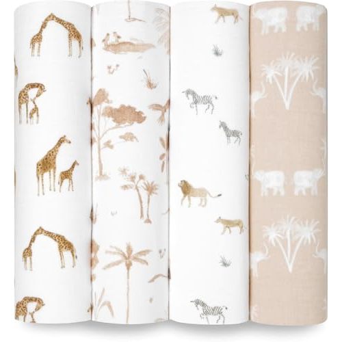 aden + anais Boutique Organic Swaddle Blanket 4-Pack – 100% Organic Cotton Muslin, Large, Soft, Breathable Receiving Blankets for Infants – Lightweight Multi-Use Baby Swaddles, Safari Dreams