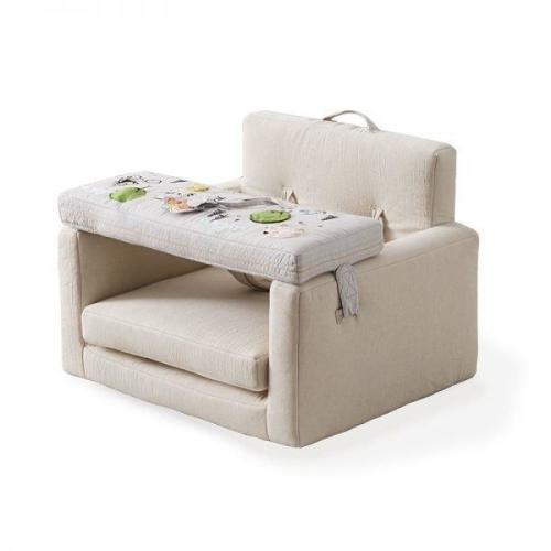 Rolling Along Beige Armchair with Tray of Interactive Toys For Children