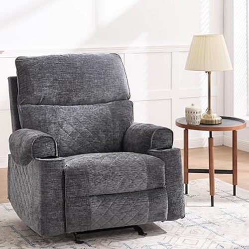 Keydo Rocker Recliner with Cup Holder, Manual Rocking Reclining Chairs for Living Room, Morden Home Theater Lounge Seating, Soft Padded Seat for Comfort (Fabric,Gray)