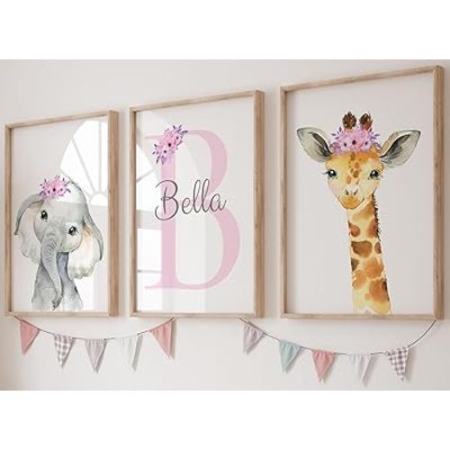 Personalized Safari Animals for Baby Girls Nursery, Set of 3 Unframed Poster Prints, Personalized Name Pink Lilac Floral, Girls Bedroom Decor, Elephant Giraffe (11x14)