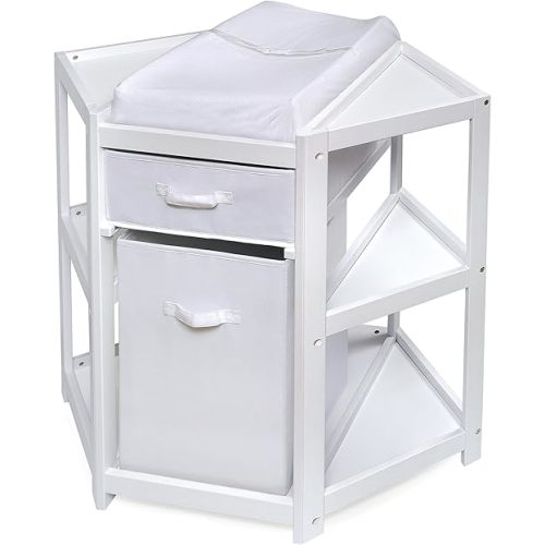 Badger Basket Diaper Corner Baby Changing Table – Space-Saving White Nursery Station with Hamper, Basket & Changing Pad