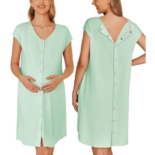 Ekouaer Labor/Delivery/Hospital Gown Nursing Nightgown Maternity Sleepwear With Pockets Postpartum Gowns with Button S-XXL