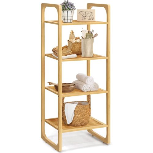 JMLHMXC 4-Tier Bamboo Shelf,Bathroom Bookshelf Plant Stand, Freestanding Storage Rack Organizer, Multifunctional Shelving Unit, for Kitchen, Living Room, Bedroom