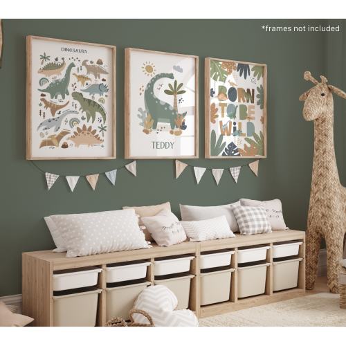 Set of 3 Personalised Dinosaur Posters, Born To Be Wild, Dinosaur Chart Print, Dinosaur Bedroom Decor, Playroom Prints