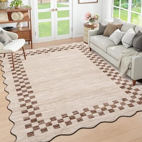 GarveeHome Washable Rug 5x7 for Living Room Large Bedroom Scalloped Rug Non Slip Stain Resistant Modern Border Throw Carpet Soft Boho Rug for Dining Room Nursery Home Office, Beige