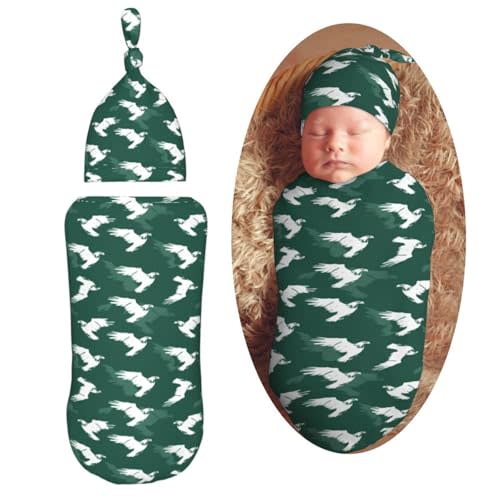 Muishi Eagle On Green Background Newborn Swaddle Blankets Hat Sets Soft Baby Receiving Blanket Swaddle Sack for Baby Shower Infant Boy Girl Gift