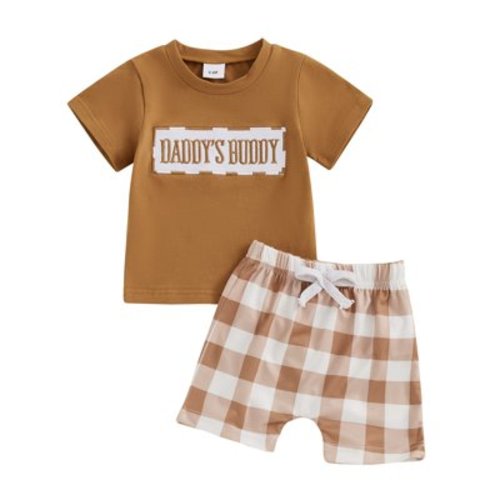 XDZJLR Toddler Boys Outfit Summer Clothes Daddys/Mamas Matching Short Sleeve Embroidery T Shirt Plaid Shorts Sets Brown 0-6 Months
