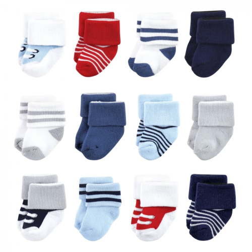 Luvable Friends Infant Terry Socks, Baby Boy's Red Navy Sneakers 12-Pack, 0-6 Months