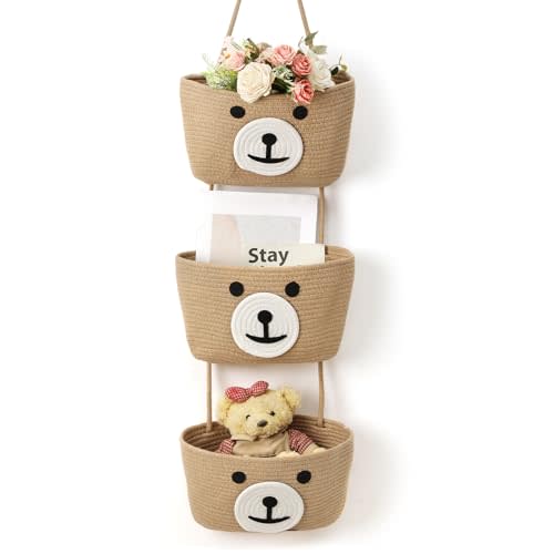 Cute Bear Hanging Baskets, 3-Tier Woven Cotton Wall Mounted Storage Organizer, Decorative Storage Hanging Closet Removable Large Wall Basket for Living Room Bedroom Kitchen