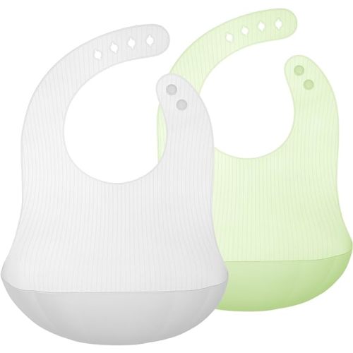 Olababy Fold N Go Silicone Baby Bib w Travel Case | Soft, Lightweight, Waterproof Bibs for Infants & Toddlers | BPA Free - Pearl / Kiwi - 2 Bibs + 2 Travel Cases