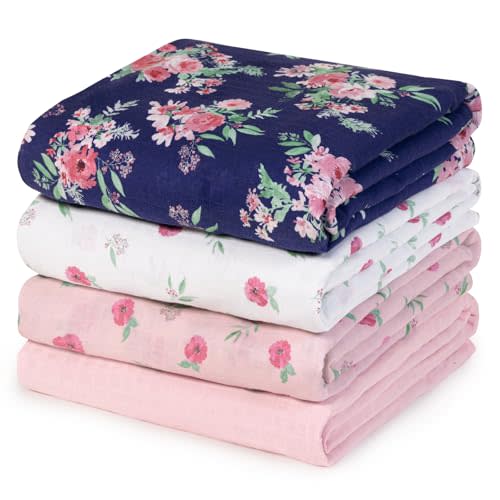 david's kids 4 Pack Baby Muslin Swaddle Blankets,100% Cotton and Ultra Soft Breathable Receiving Blanket Wrap for Girls, New Born Essentials, Large 47 x 47 inches, Floral Flowers/Pink