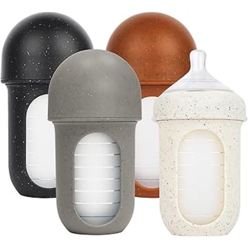 Boon Nursh Reusable Silicone Pouch Baby Bottles - Medium Flow Nipple - Silicone Baby Bottle Pouch and Nipple - Baby Feeding Essentials - Speckle - 3-6 Months - 4 Count - 8 Ounce