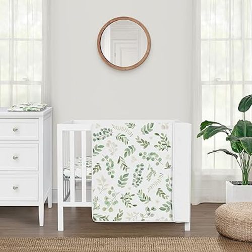 Sweet Jojo Designs Green Boho Floral Leaf Baby Boy Girl Mini Crib Bedding Set Infant Nursery Room Newborn Blanket Portable Pack n Play Sheets Sage Bohemian Gender Neutral Watercolor Botanical 3pc