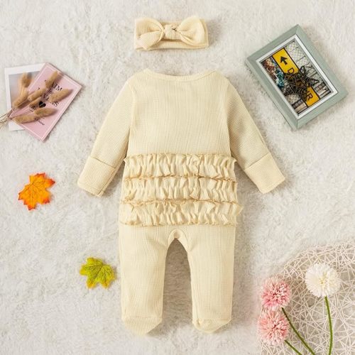 Merqwadd Baby Girl Zipper Pajama Footies 3 Pack Ruffle Sleeper Coming Home Infant Cotton Clothes - 0-3 Months - Waffle Knit-pink/Cream/Orange