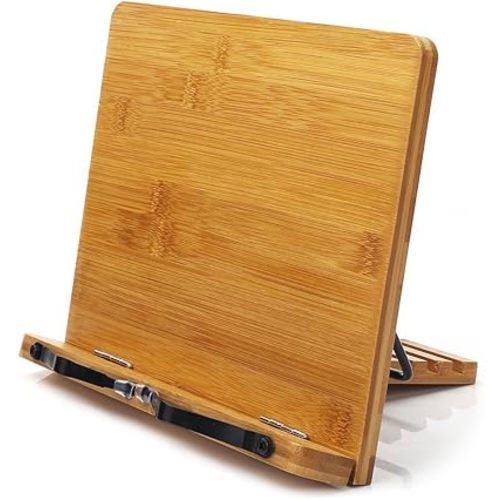 wishacc Bamboo Book Stand, Adjustable Book Holder Tray and Page Paper Clips-Cookbook Reading Desk Portable Stable Hard-Wearing Lightweight Bookstand-Textbooks Books