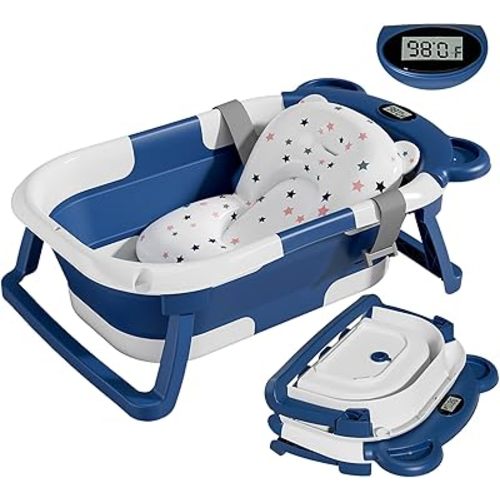 TPN Collapsible Baby Bathtub for Infants to Toddler with Real-time Temp Monitor+Floating Cushion,Foldable Baby Bath Tub Set Applicable 0-36 Month,Perfect Portable Travel Baby Tub for Newborns Boy