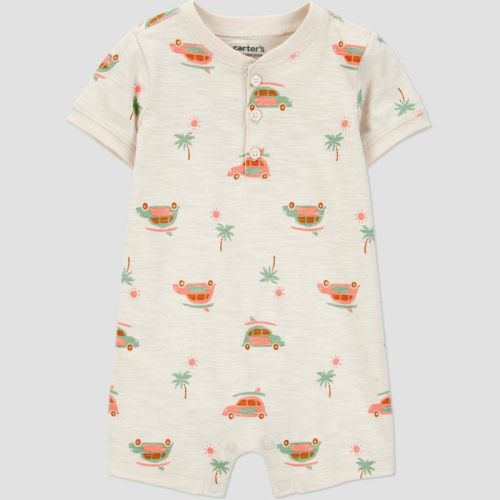 Carter's Just One You® Baby Boys' Van Romper - Khaki 6M: Cotton, Front Button, Crotch Snap, Vehicle Pattern