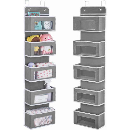 Over The Door Organizer Storage, 5 shelf Door Organizer Hanging, Hanging Closet Organizers and Storage Organizer for Closet, Baby Kids Closet Door Organizers for Storage, Nursery,Bedroom (Grey)
