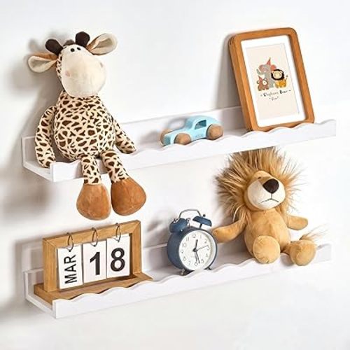 Fun Memories Picture Ledge Shelf for Wall, 24 inch Pine Wood Nursery Book Shelves Set of 2- Wall Book Shelves for Kids Room, Home Decor - Kitchen Spice-White