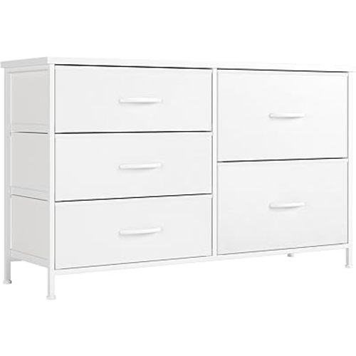 Nicehill White Dresser for Bedroom with 5 Drawers, Small Dresser for Kids' Bedroom, Closet, Wide Chest of Drawers with Fabric Storage Drawers, Wooden Top, Steel Frame, Modern, White