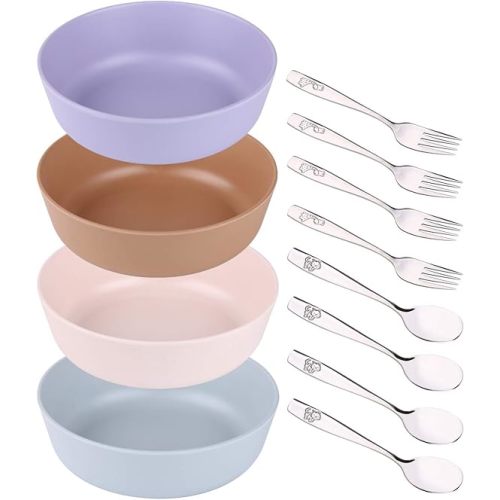 Bamboo Baby Bowl and Stainless Steel Silverware Set – (12-Piece) 4 Bamboo Bowls Kids, 4 Forks and 4 Spoons – Eco-Friendly BPA Free – Self Feeding Dishwasher Safe Baby Bamboo Bowl
