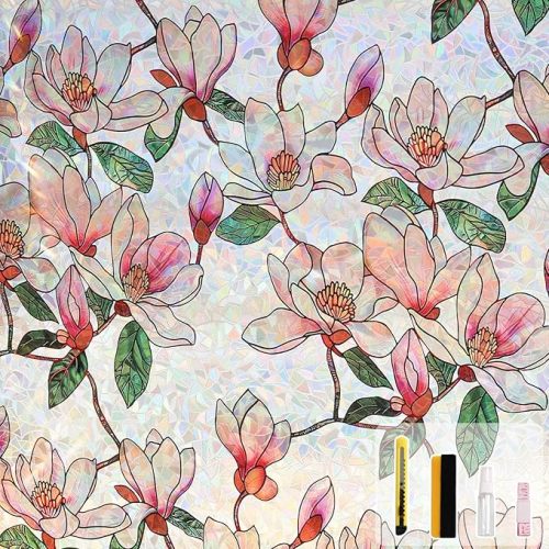 Kromapolis Window Privacy Film, Stained Glass Sticker Floral Window Clings, Decorative Static Clings UV Blocking Colorful Decals, Removable Vinyl Covering Rainbow Magnolia Flowers, 17.5'' x 78.7''