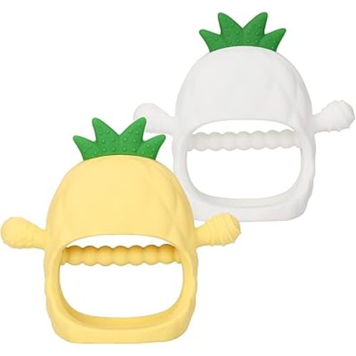 Socub Silicone Baby Teething Toy for Infants 12 Months+, BPA Free Never Drop Silicone Mitten Teether Toy for Soothing Sore Gums, Baby Chew Toys for Sucking Need(White/Yellow
