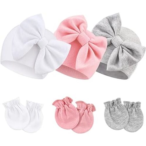BQUBO Newborn Baby Hospital Hats Beanie Bow Infant Caps Baby Cotton No Scratch Mittens Set for 0-6 Months