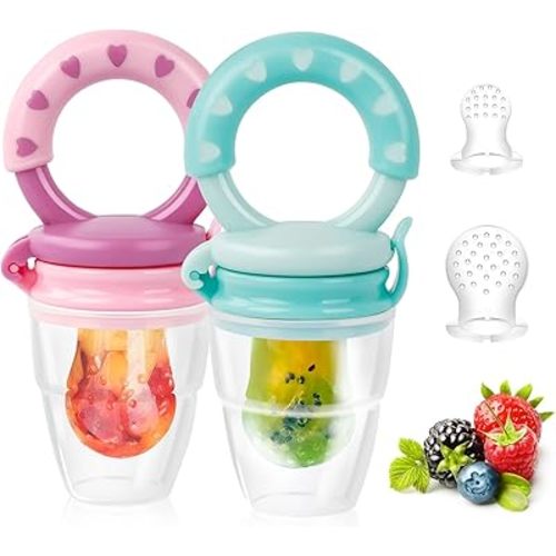 Baby Solids/Frozen Fruit Feeder Pacifier, Infant Teether Toy 4M+, BPA-Free Silicone Pouch & Nipple, Safely Introduce Solids, Teething Relief, 2-Pack (Ring - Purple Mint Green, S/M/L)