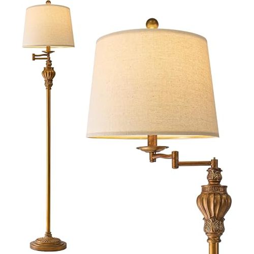 61" Vintage Floor Lamp with 350° Adjustable Swing Arm, Gold Standing Lamp for Bedroom Living Room Nightstand Bedside Retro Farmhouse Mid Century Lamp Light Home Décor Office Gifts