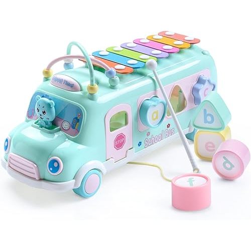 Baby School Bus Xylophone Toy for Toddlers 1-3, 5-in-1 Montessori Musical Bus Toys Gifts for 1 Year Old Baby Girl, Shape Sort Toys Knocking Xylophone Educational Instruments Birthday Gift Boy Girl