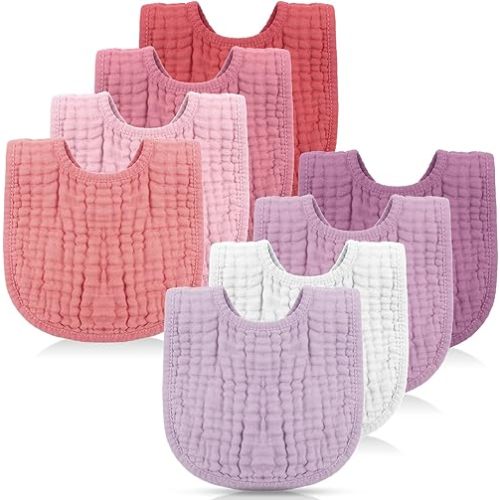 Frienda 8 Pcs Muslin Bibs Baby Cotton Bandana Drool Bibs Bulk for Boys Girls Newborn Infant 6 Absorbent Layers Bibs Feeding Accessory(Pink Purple Colors)