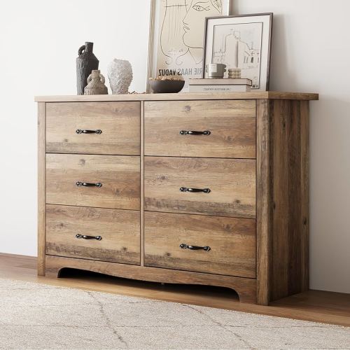 LINSY HOME Modern 6 Drawer Dresser for Bedroom, Tall Bedroom Dresser with Large Drawers and Metal Handles, Wooden Chest of Drawers, Storage Cabinet and Organizer for Living Room, Hallway, Brown
