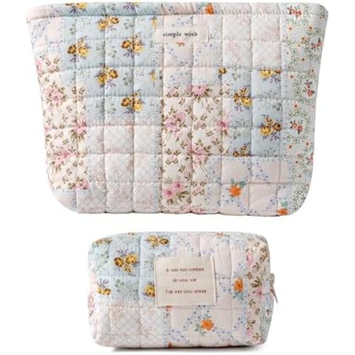 uekeboag 2Pcs Cute Quilted Cotton Makeup Bag, Coquette Quilted Aesthetic Cosmetic Zipper Pouch for Women and Girls,Kawaii Travel Toiletry Bag(01Pink Flower)
