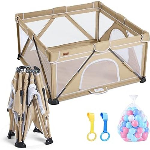 Baby Playpen Foldable, Playard for Babies and Toddlers, Portable Playpen Activity Center with 50 Balls+2 Handles for Travel, Indoor & Outdoor Play Pen with Mesh 50''x50''
