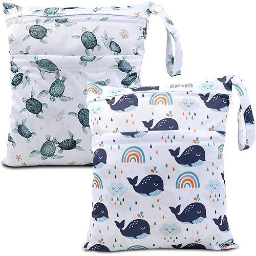 2pcs Cloth Diaper Wet Dry Bags Waterproof Reusable with Two Zippered Pockets Travel Beach Pool Daycare Soiled Baby Items Yoga Gym Bag for Swimsuits or Wet Clothes-Dolphin