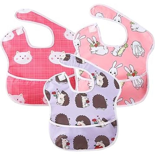 Little Dimsum 3 pack Baby Waterproof Bib Easy to Clean Feeding Weaning Bibs Adjustable Closed for Babies Toddlers with Large Pocket 6-36Months(Hedgehog & Rabbit & Cat)
