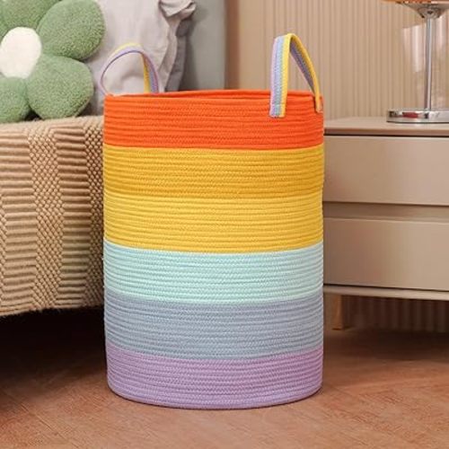 85L Oversize Woven Laundry Basket with Handles,Collapsible Cotton Rope Laundry Hamper,Wicker Clothes Hamper Laundry Bin Storage Basket for Blanket Rainbow