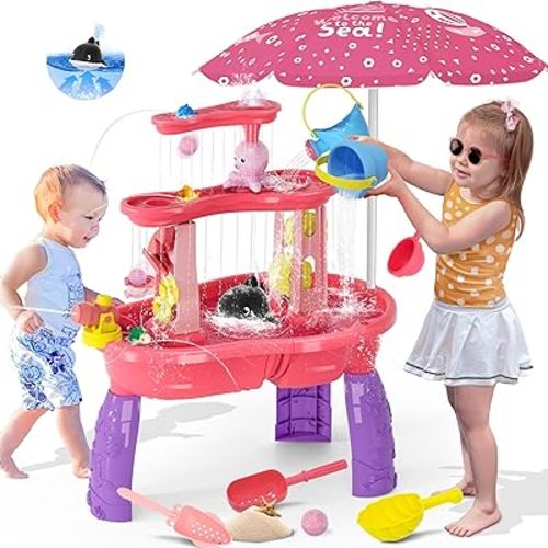 Water Table for Toddlers 3-5, 3-Tier Auto Water-Absorbing Kids Sand Water Table with Water Pump & Umbrella Splash Pond Toy, Sensory Play Table Toys for Outdoor Pool Beach Backyard Summer (Pink）