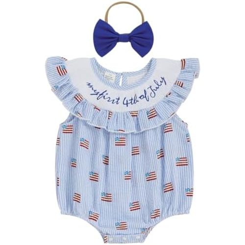 my first 4th Fourth of july baby girl outfits newborn American flag onesie usa bubble romper smocked outfit